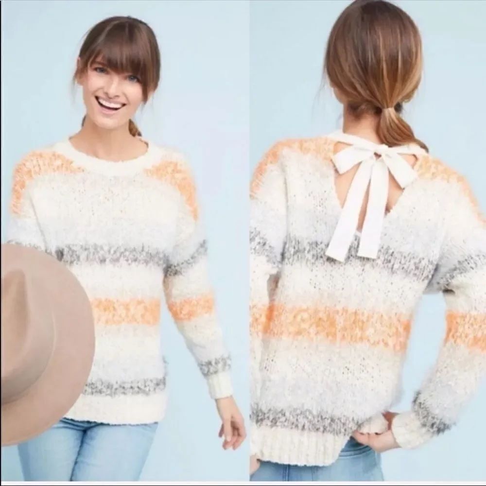 Anthropologie L Meadow Rue Striped Chunky Knit Cotton Blend Tie Back Sweater